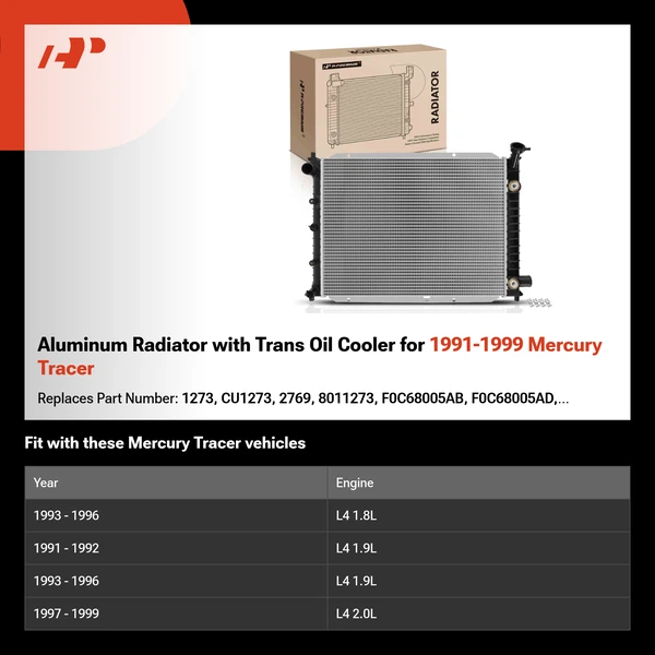 Aluminum Radiator with Trans Oil Cooler for 1991-1999 Mercury Tracer
