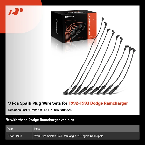 9 Pcs Spark Plug Wire Sets for 1992-1993 Dodge Ramcharger