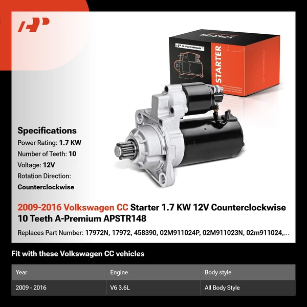 2009-2016 Volkswagen CC Starter 1.7 KW 12V Counterclockwise 10 Teeth A-Premium APSTR148