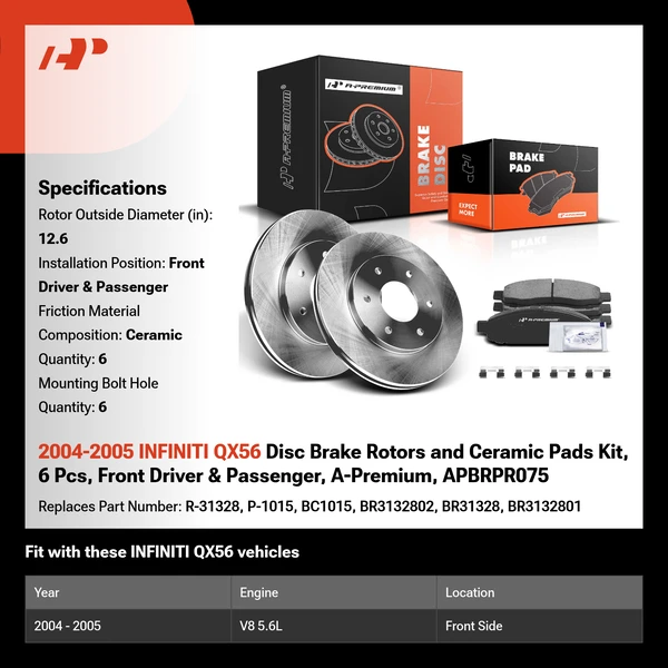 2004-2005 INFINITI QX56 Disc Brake Rotors and Ceramic Pads Kit, 6 Pcs, Front Driver & Passenger, A-Premium, APBRPR075