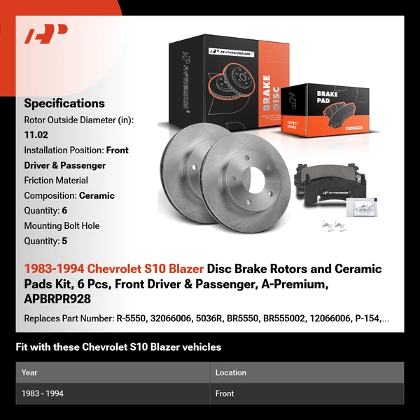 1983-1994 Chevrolet S10 Blazer Disc Brake Rotors and Ceramic Pads Kit, 6 Pcs, Front Driver & Passenger, A-Premium, APBRPR928