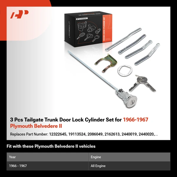 3 Pcs Tailgate Trunk Door Lock Cylinder Set for 1966-1967 Plymouth Belvedere II