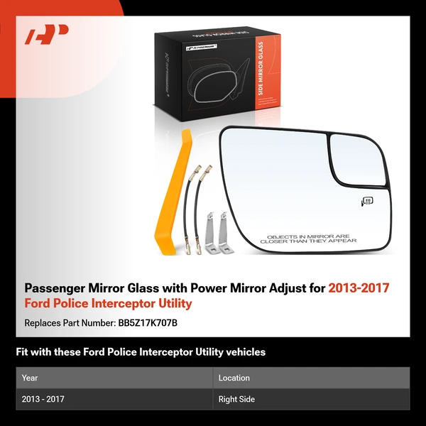 Passenger Mirror Glass with Power Mirror Adjust for 2013-2017 Ford Police Interceptor Utility