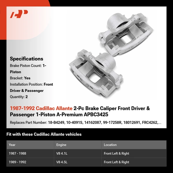 1987-1992 Cadillac Allante 2-Pc Brake Caliper Front Driver & Passenger 1-Piston A-Premium APBC3425