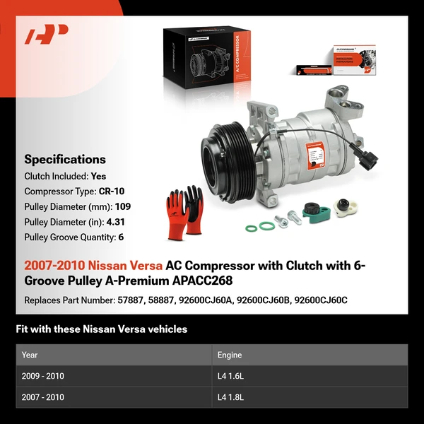 2007-2010 Nissan Versa AC Compressor with Clutch with 6-Groove Pulley A-Premium APACC268