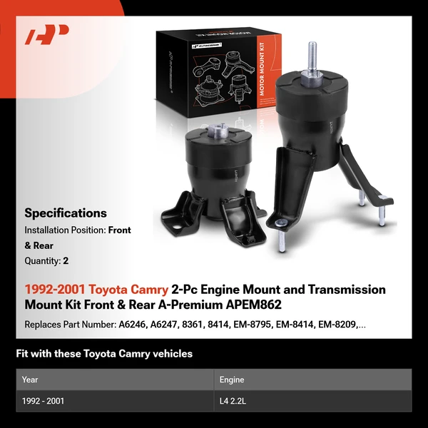 1992-2001 Toyota Camry 2-Pc Engine Mount and Transmission Mount Kit Front & Rear A-Premium APEM862