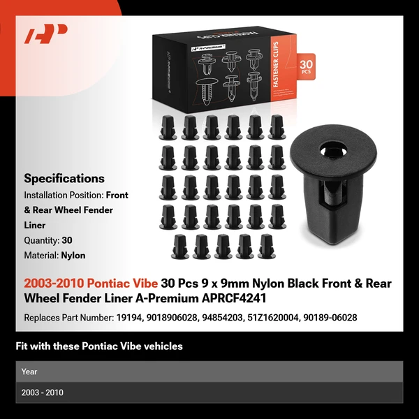 2003-2010 Pontiac Vibe 30 Pcs 9 x 9mm Nylon Black Front & Rear Wheel Fender Liner A-Premium APRCF4241