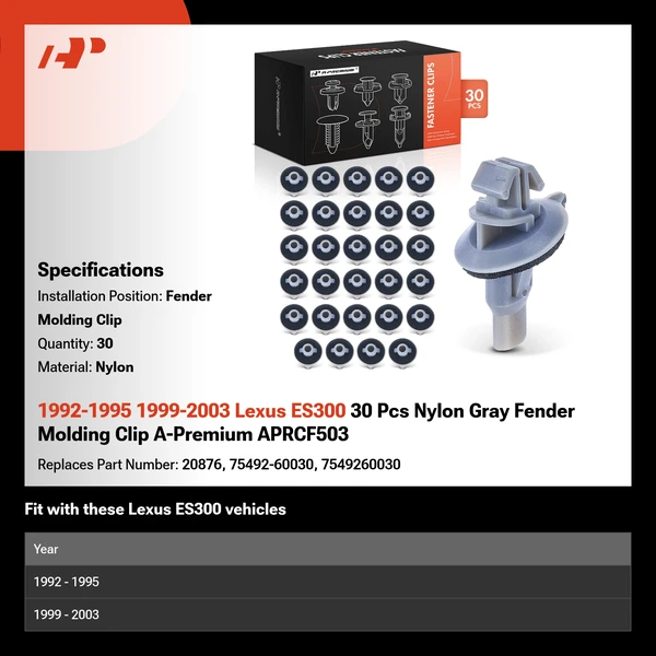 1992-1995 1999-2003 Lexus ES300 30 Pcs Nylon Gray Fender Molding Clip A-Premium APRCF503