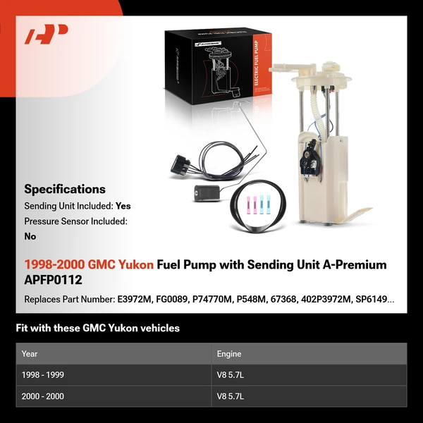 1998-2000 GMC Yukon Fuel Pump with Sending Unit A-Premium APFP0112