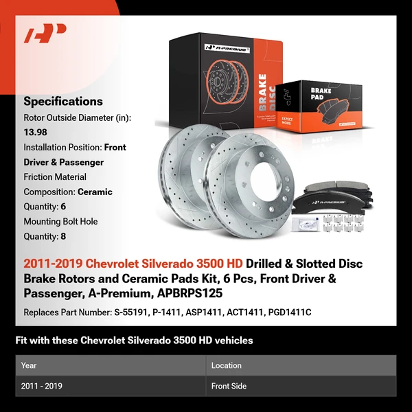 2011-2019 Chevrolet Silverado 3500 HD Drilled & Slotted Disc Brake Rotors and Ceramic Pads Kit, 6 Pcs, Front Driver & Passenger, A-Premium, APBRPS125