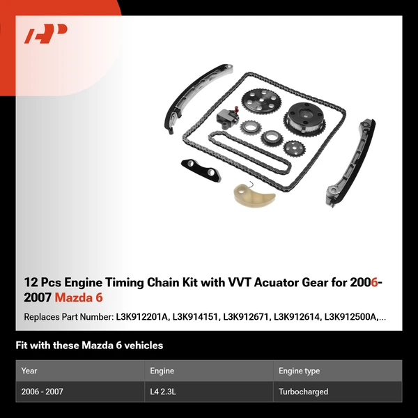 12 Pcs Engine Timing Chain Kit with VVT Acuator Gear for 2006-2007 Mazda 6