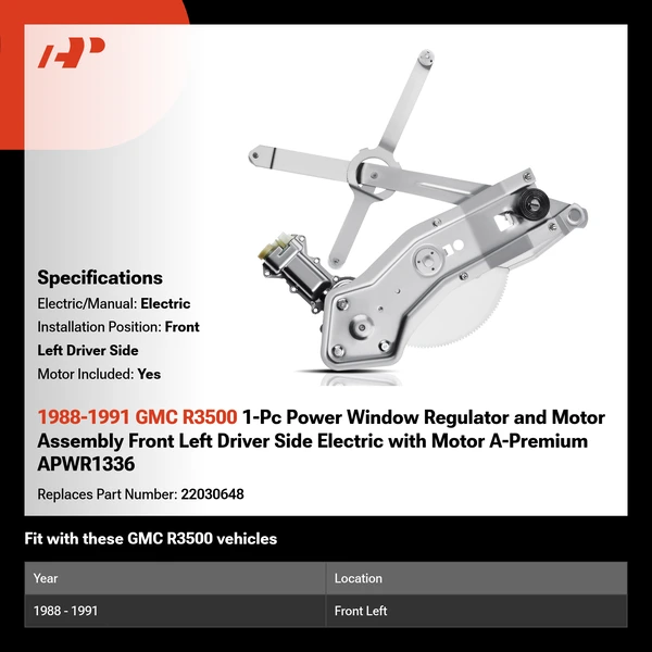 1988-1991 GMC R3500 1-Pc Power Window Regulator and Motor Assembly Front Left Driver Side Electric with Motor A-Premium APWR1336