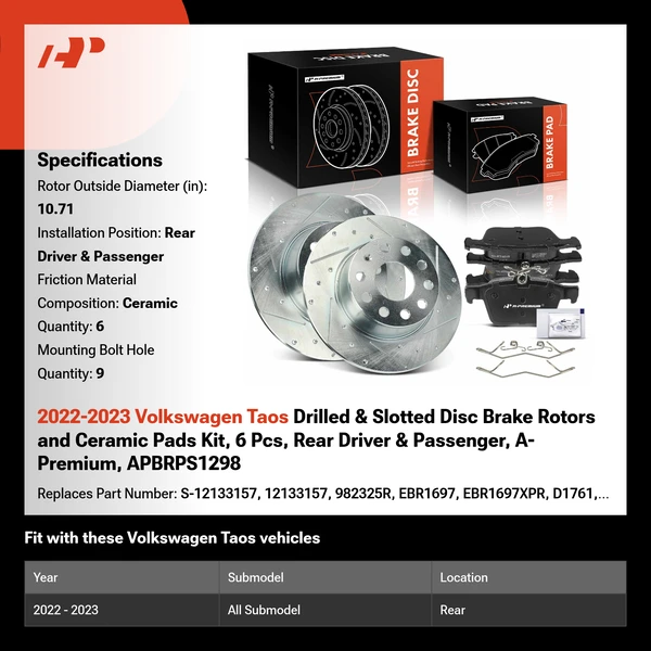 2022-2023 Volkswagen Taos Drilled & Slotted Disc Brake Rotors and Ceramic Pads Kit, 6 Pcs, Rear Driver & Passenger, A-Premium, APBRPS1298