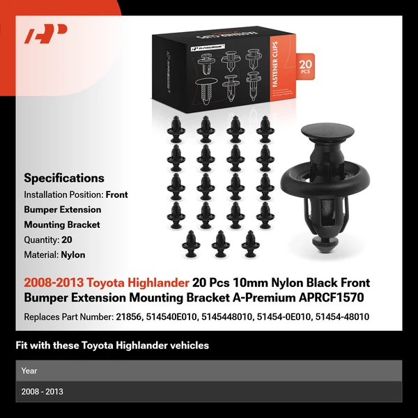 2008-2013 Toyota Highlander 20 Pcs 10mm Nylon Black Front Bumper Extension Mounting Bracket A-Premium APRCF1570