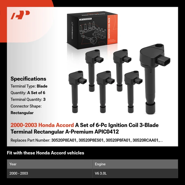 2000-2003 Honda Accord A Set of 6-Pc Ignition Coil 3-Blade Terminal Rectangular A-Premium APIC0412