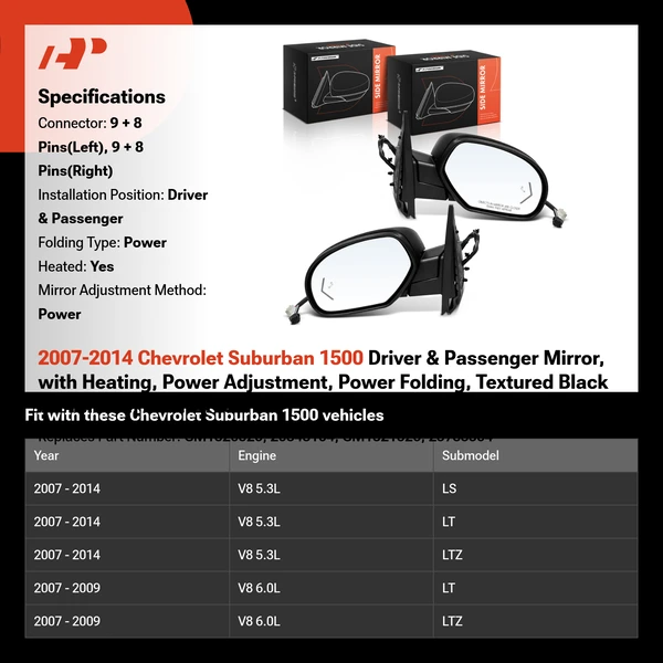 2007-2014 Chevrolet Suburban 1500 Driver & Passenger Mirror, with Heating, Power Adjustment, Power Folding, Textured Black A-Premium APMI2195