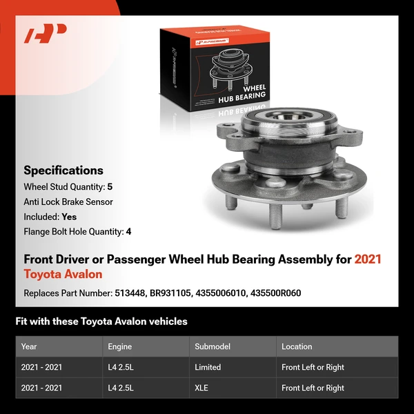 Front Driver or Passenger Wheel Hub Bearing Assembly for 2021 Toyota Avalon