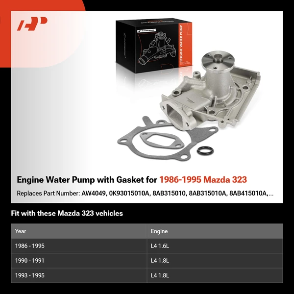 Engine Water Pump with Gasket for 1986-1995 Mazda 323