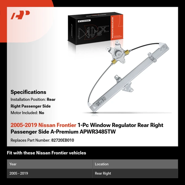 2005-2019 Nissan Frontier 1-Pc Window Regulator Rear Right Passenger Side A-Premium APWR3485TW