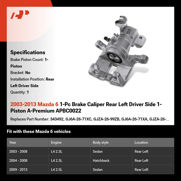 2003-2013 Mazda 6 1-Pc Brake Caliper Rear Left Driver Side 1-Piston A-Premium APBC0022