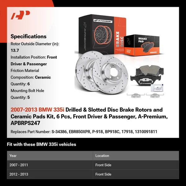 2007-2013 BMW 335i Drilled & Slotted Disc Brake Rotors and Ceramic Pads Kit, 6 Pcs, Front Driver & Passenger, A-Premium, APBRPS247