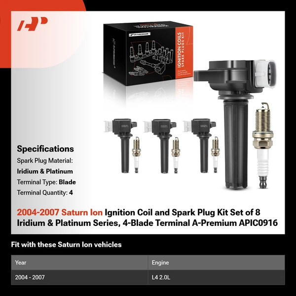 2004-2007 Saturn Ion Ignition Coil and Spark Plug Kit Set of 8 Iridium & Platinum Series, 4-Blade Terminal A-Premium APIC0916