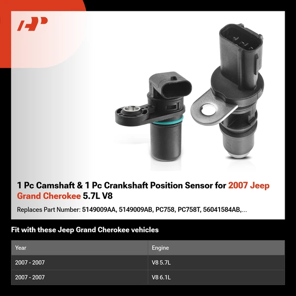 1 Pc Camshaft & 1 Pc Crankshaft Position Sensor for 2007 Jeep Grand Cherokee 5.7L V8