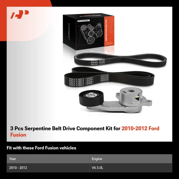 3 Pcs Serpentine Belt Drive Component Kit for 2010-2012 Ford Fusion