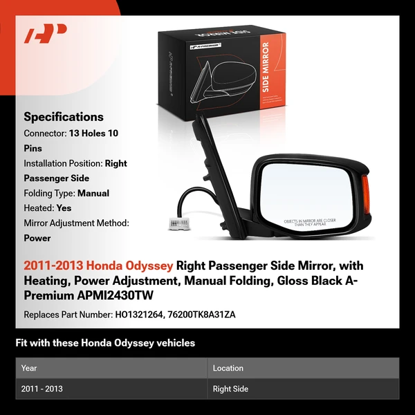 2011-2013 Honda Odyssey Right Passenger Side Mirror, with Heating, Power Adjustment, Manual Folding, Gloss Black A-Premium APMI2430TW