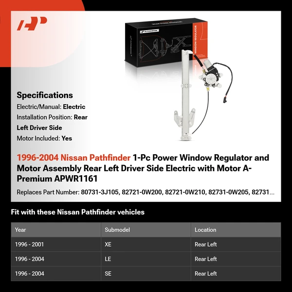 1996-2004 Nissan Pathfinder 1-Pc Power Window Regulator and Motor Assembly Rear Left Driver Side Electric with Motor A-Premium APWR1161