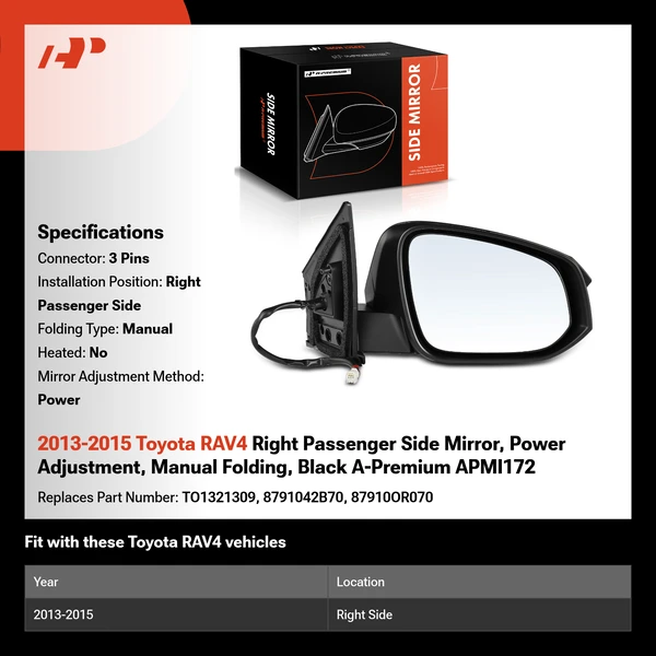 2013-2015 Toyota RAV4 Right Passenger Side Mirror, Power Adjustment, Manual Folding, Black A-Premium APMI172