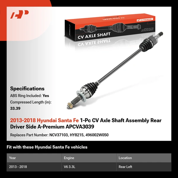 2013-2018 Hyundai Santa Fe 1-Pc CV Axle Shaft Assembly Rear Driver Side A-Premium APCVA3039