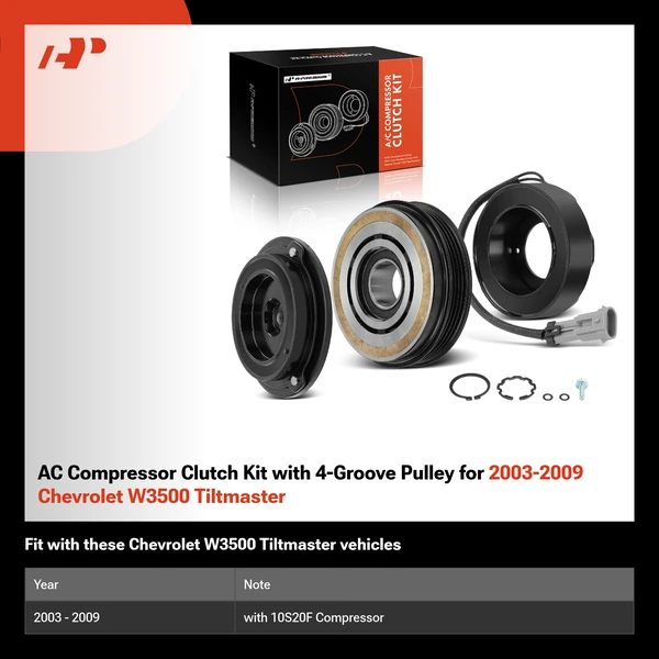 AC Compressor Clutch Kit with 4-Groove Pulley for 2003-2009 Chevrolet W3500 Tiltmaster