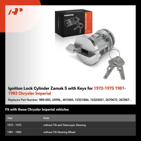 Ignition Lock Cylinder Zamak 5 with Keys for 1972-1975 1981-1983 Chrysler Imperial