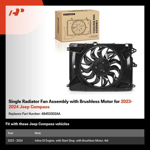 Single Radiator Fan Assembly with Brushless Motor for 2023-2024 Jeep Compass