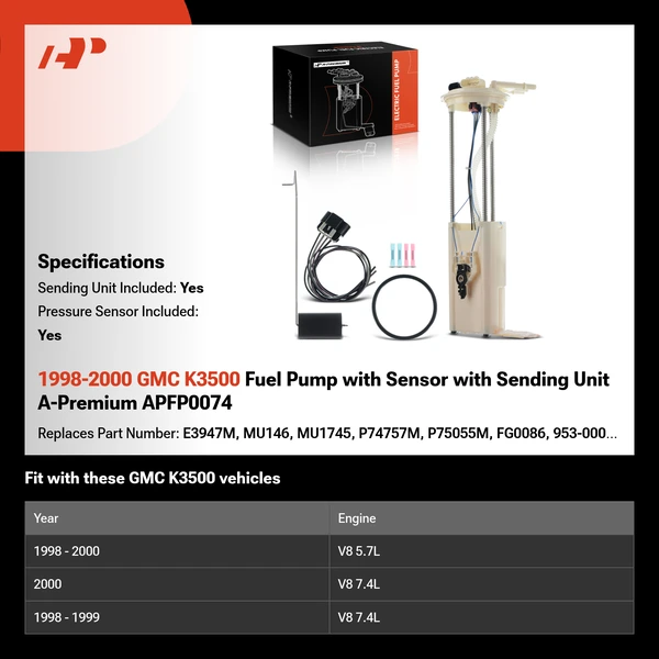 1998-2000 GMC K3500 Fuel Pump with Sensor with Sending Unit A-Premium APFP0074