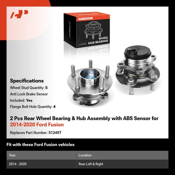 2 Pcs Rear Wheel Bearing & Hub Assembly with ABS Sensor for 2014-2020 Ford Fusion