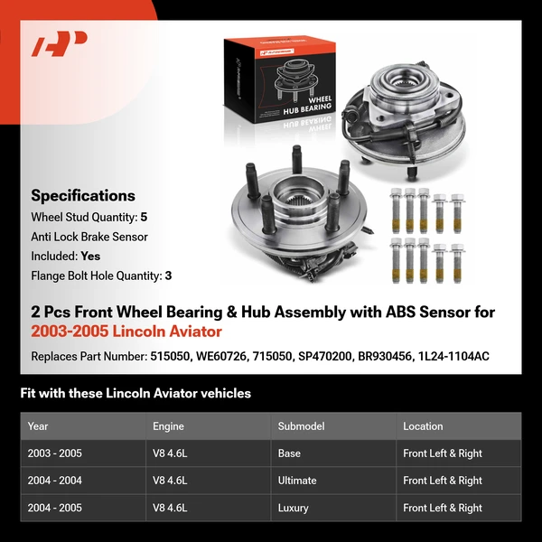 2 Pcs Front Wheel Bearing & Hub Assembly with ABS Sensor for 2003-2005 Lincoln Aviator