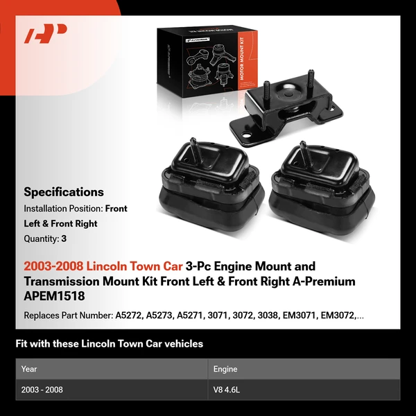 2003-2008 Lincoln Town Car 3-Pc Engine Mount and Transmission Mount Kit Front Left & Front Right A-Premium APEM1518