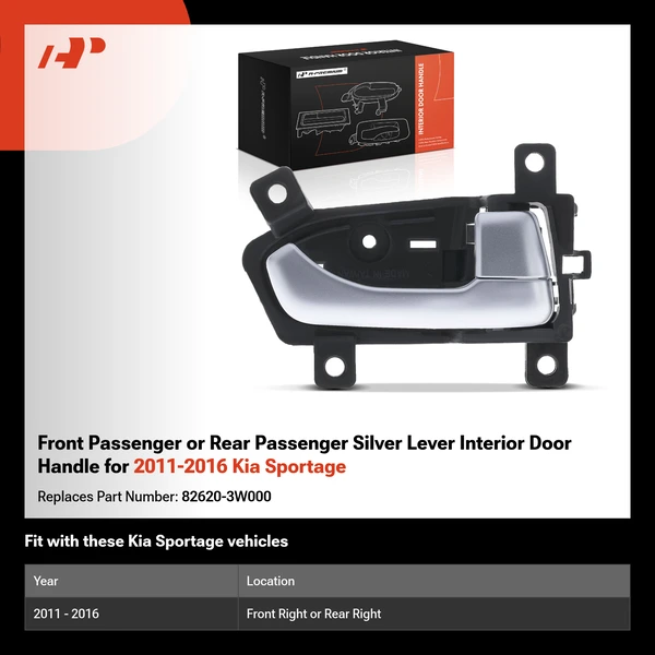 Front Passenger or Rear Passenger Silver Lever Interior Door Handle for 2011-2016 Kia Sportage