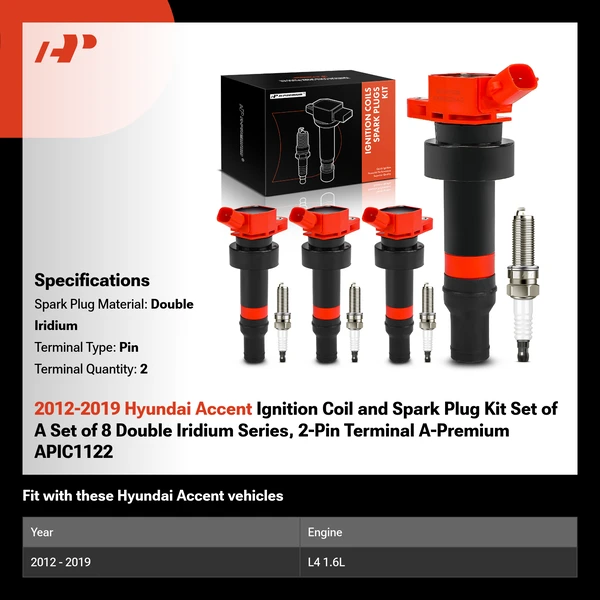 2012-2019 Hyundai Accent Ignition Coil and Spark Plug Kit Set of A Set of 8 Double Iridium Series, 2-Pin Terminal A-Premium APIC1122