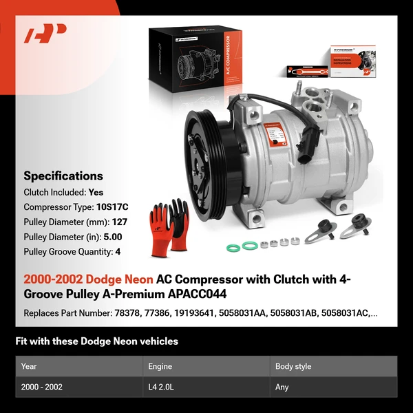 2000-2002 Dodge Neon AC Compressor with Clutch with 4-Groove Pulley A-Premium APACC044