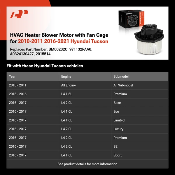 HVAC Heater Blower Motor with Fan Cage for 2010-2011 2016-2021 Hyundai Tucson