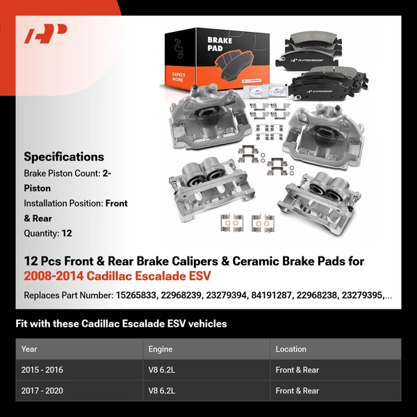 12 Pcs Front & Rear Brake Calipers & Ceramic Brake Pads for 2008-2014 Cadillac Escalade ESV