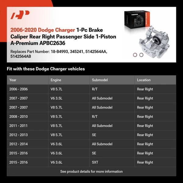 2006-2020 Dodge Charger 1-Pc Brake Caliper Rear Right Passenger Side 1-Piston A-Premium APBC2636