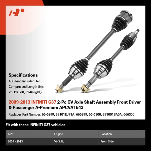 2009-2013 INFINITI G37 2-Pc CV Axle Shaft Assembly Front Driver & Passenger A-Premium APCVA1643