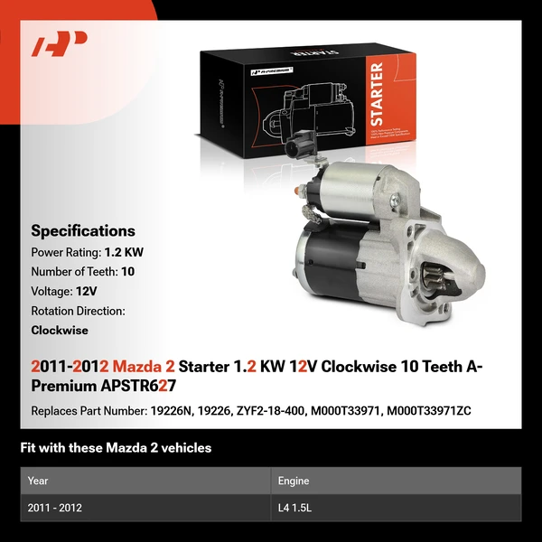 2011-2012 Mazda 2 Starter 1.2 KW 12V Clockwise 10 Teeth A-Premium APSTR627
