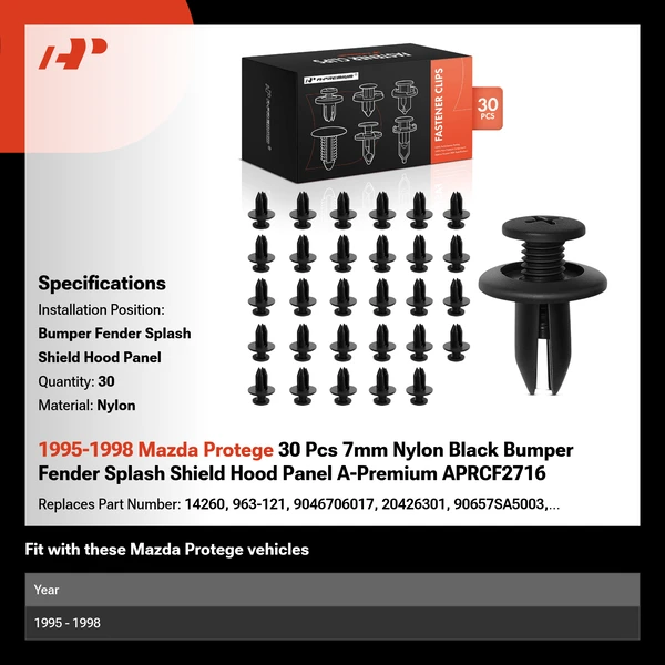 1995-1998 Mazda Protege 30 Pcs 7mm Nylon Black Bumper Fender Splash Shield Hood Panel A-Premium APRCF2716