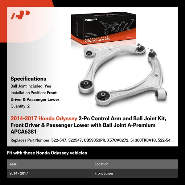 2014-2017 Honda Odyssey 2-Pc Control Arm and Ball Joint Kit, Front Driver & Passenger Lower with Ball Joint A-Premium APCA6381