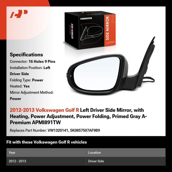 2012-2013 Volkswagen Golf R Left Driver Side Mirror, with Heating, Power Adjustment, Power Folding, Primed Gray A-Premium APMI891TW